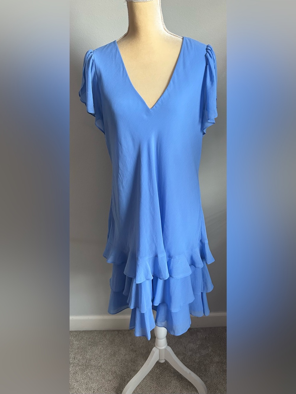 NWT Ralph Lauren Light Blue V-Neck Tiered Ruffle Midi Dress Sz 14